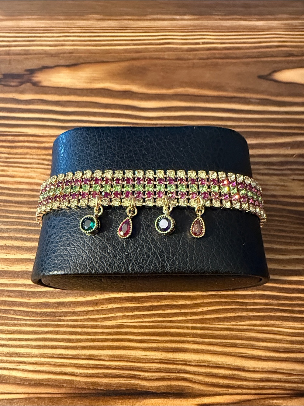 Gold-Tone Pink and Green Multi-Stone Bracelet with Dangle Charms